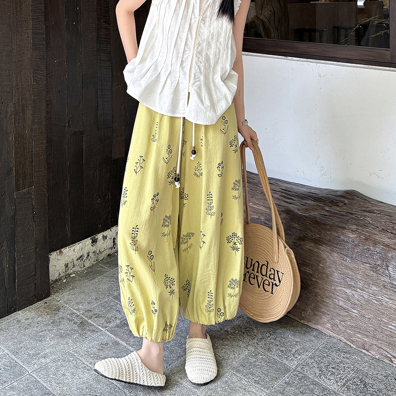 實拍法式印花棉麻八九分褲女夏薄款小個子顯瘦寬松垂感冰絲燈籠褲
