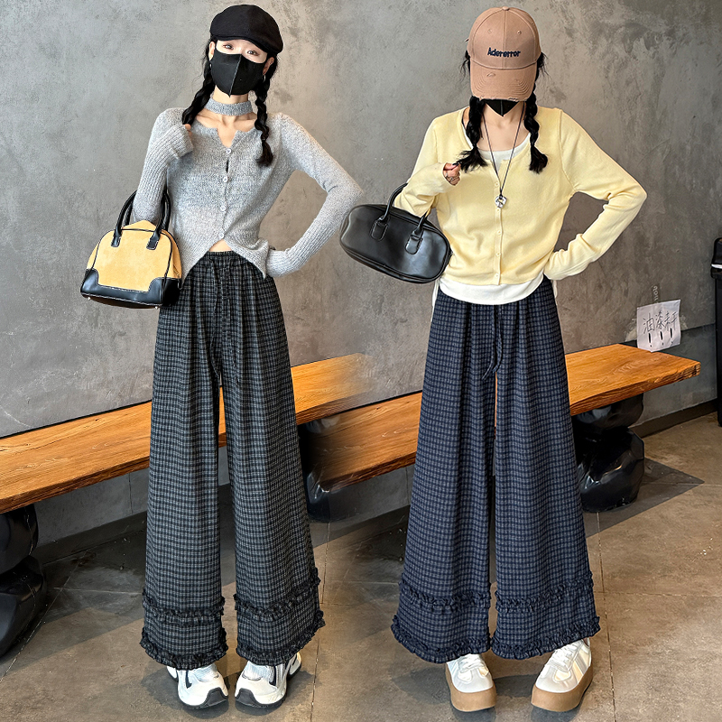 實拍秋冬新花邊格子褲女寬松慵懶直筒闊腿褲垂感小個子九分糯米褲