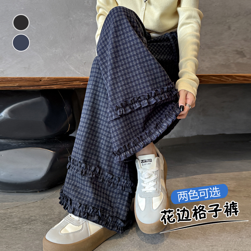 實拍秋冬新花邊格子褲女寬松慵懶直筒闊腿褲垂感小個子九分糯米褲