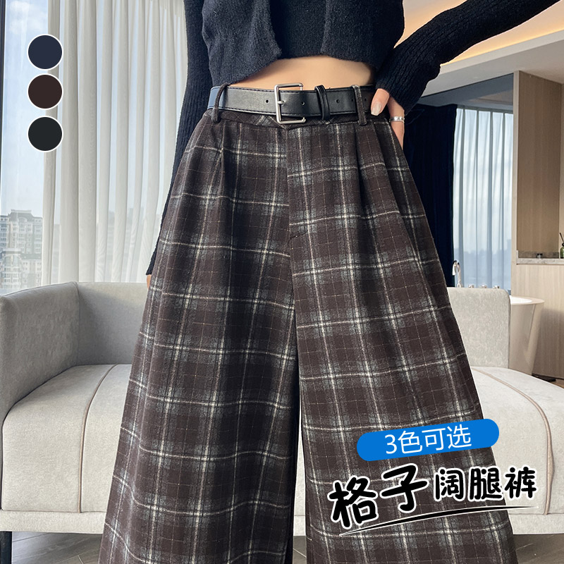 實拍 洋氣格子七分褲女秋冬新款復古老錢風過膝靴褲顯瘦闊腿中褲