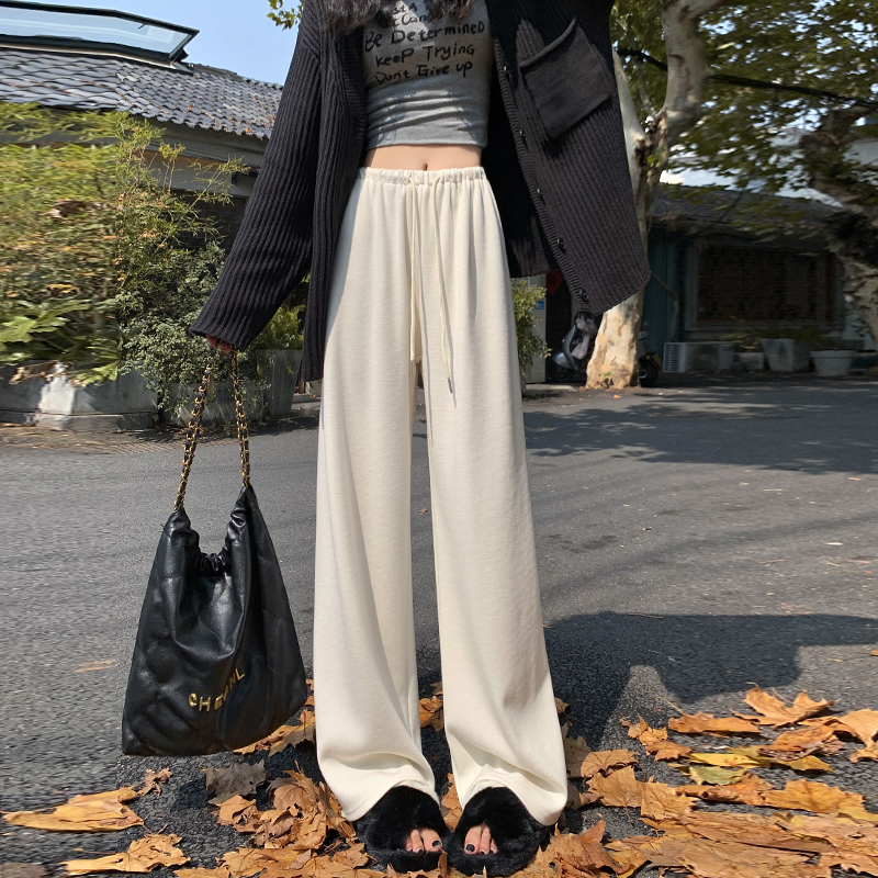 實拍 白色綿羊毛呢闊腿褲女秋冬加絨垂感軟糯顯瘦慵懶直筒糯米褲