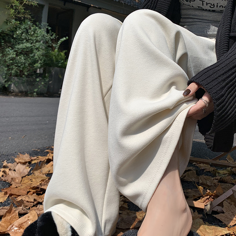 實拍 白色綿羊毛呢闊腿褲女秋冬加絨垂感軟糯顯瘦慵懶直筒糯米褲