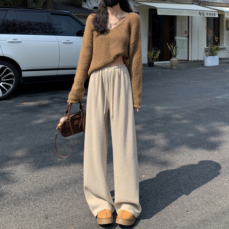 實拍 白色綿羊毛呢闊腿褲女秋冬加絨垂感軟糯顯瘦慵懶直筒糯米褲