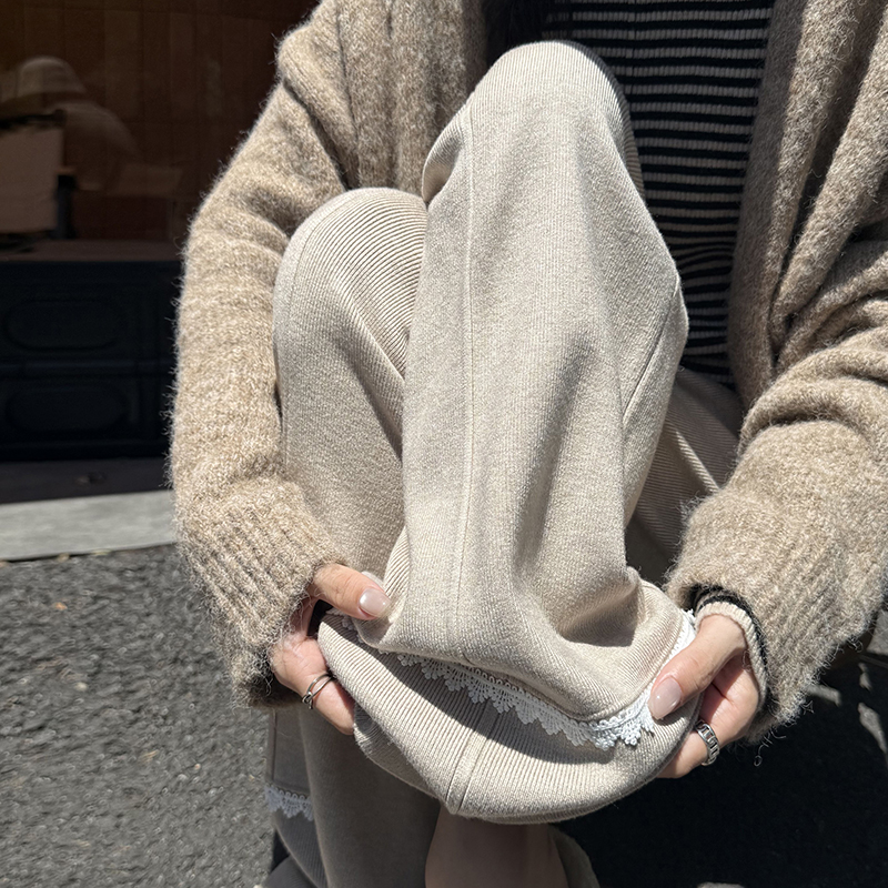 實拍 白色針織毛線闊腿褲女直筒褲加厚顯瘦高腰垂感外穿拖地長褲