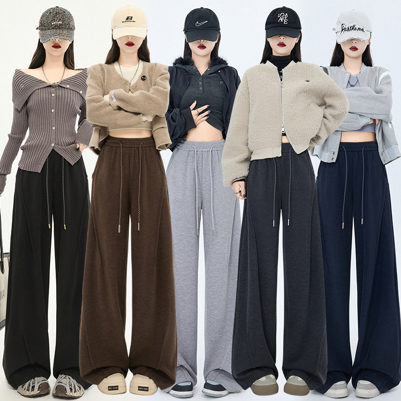 實拍 咖色加絨加厚女秋冬2025新款美式闊腿褲垂感慵懶糯米云朵褲