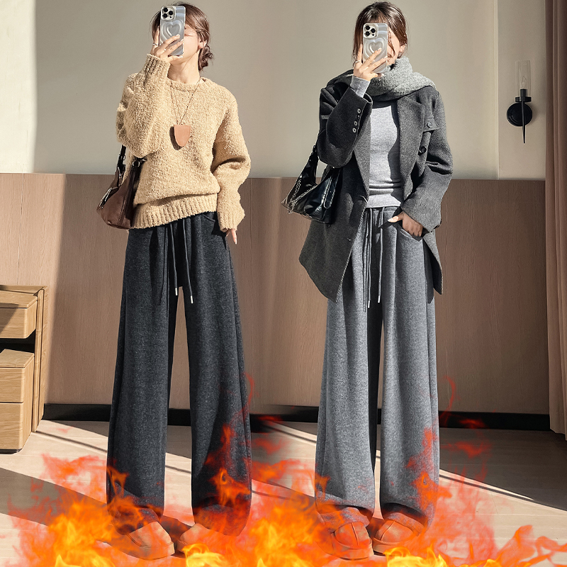 秋冬羊絨糯米闊腿褲2025新款女寬松顯瘦彎刀褲加絨加厚衛褲運動褲