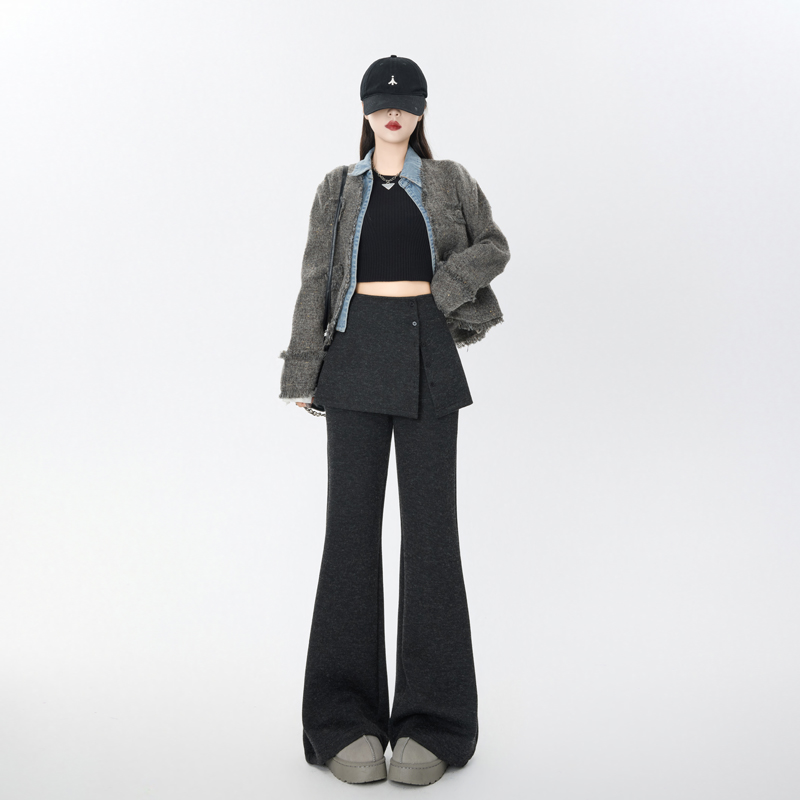 加絨加厚羊絨微喇褲女秋冬2025新款高腰顯瘦假兩件遮臀屁簾喇叭褲