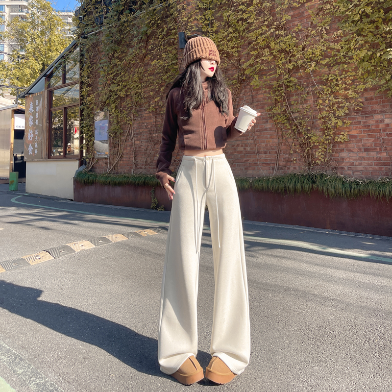 灰色直筒褲女垂感秋冬2025新款高腰加絨加厚顯瘦闊腿褲糯米羊絨