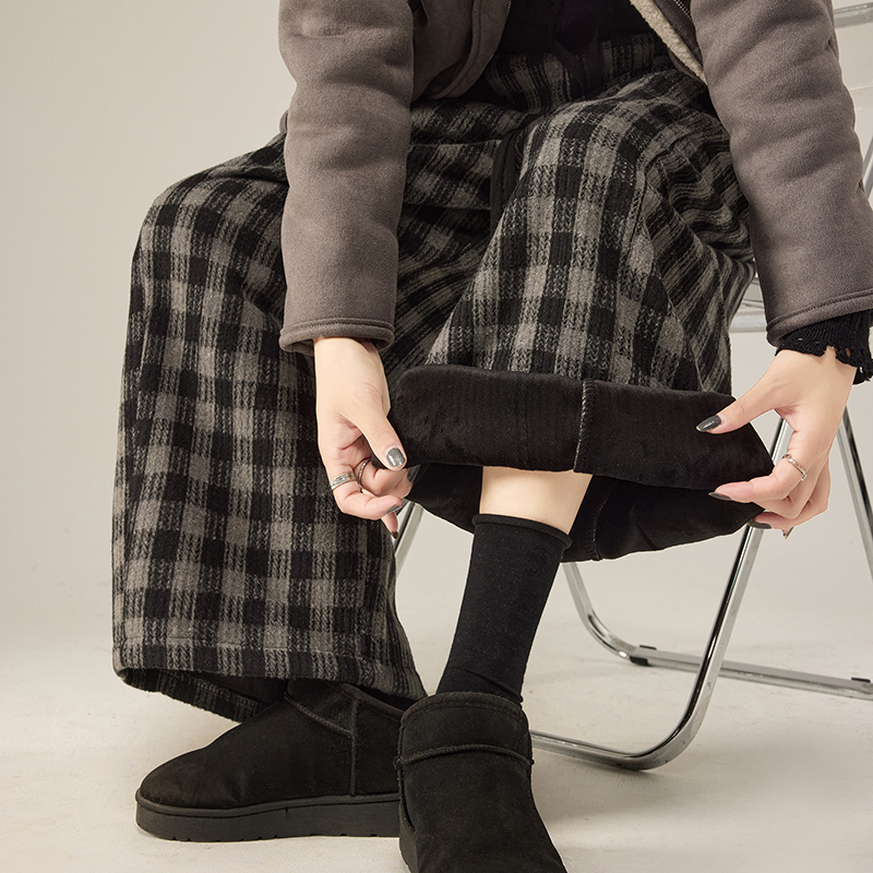 格子闊腿八分褲女2025新款加絨加厚垂感寬松彎刀顯瘦奶奶褲小個子