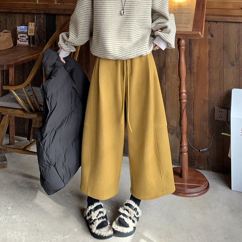 深灰色加絨八分褲2025新款毛呢女秋冬慵懶風加厚小個子奶奶闊腿褲