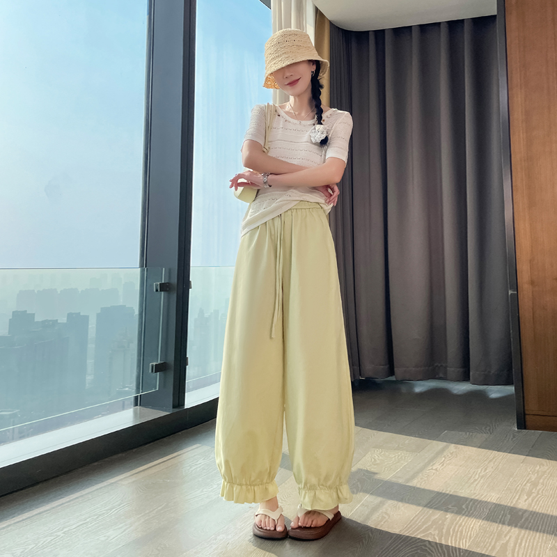 實拍壓褶荷葉花邊褲腳燈籠褲2026女春夏天絲棉束腳清涼薄款休閑褲