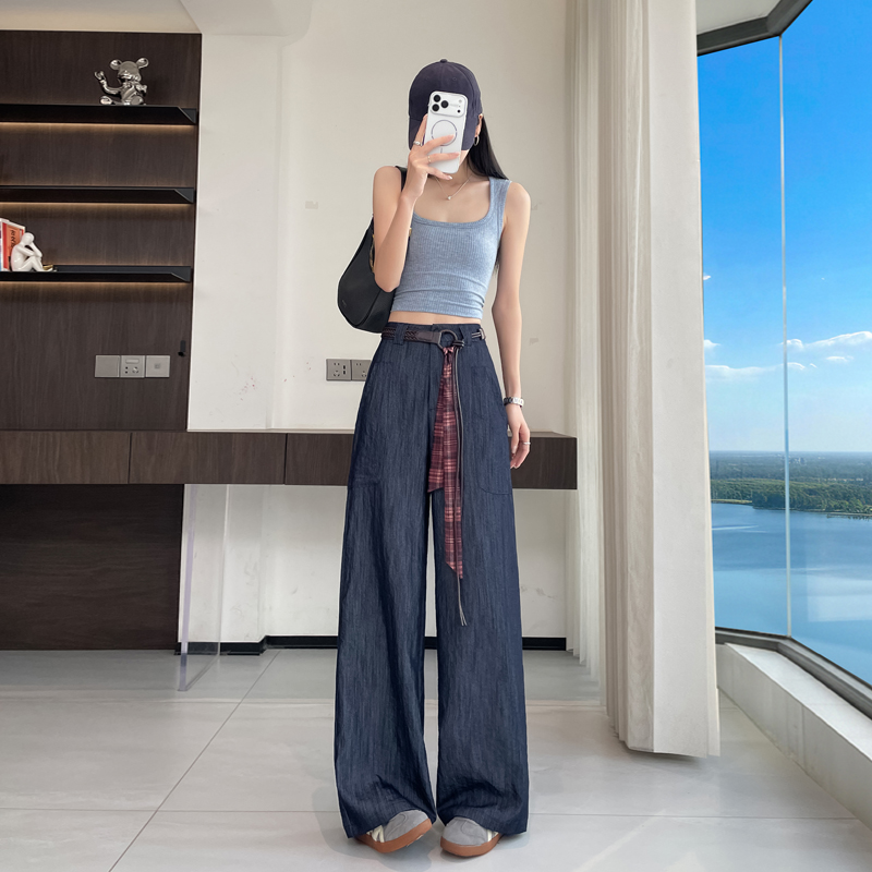 實拍深藍色仿牛仔西裝褲女2026春夏新款垂感寬松直筒拖地褲休閑褲