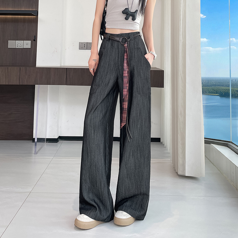 實拍深藍色仿牛仔西裝褲女2026春夏新款垂感寬松直筒拖地褲休閑褲