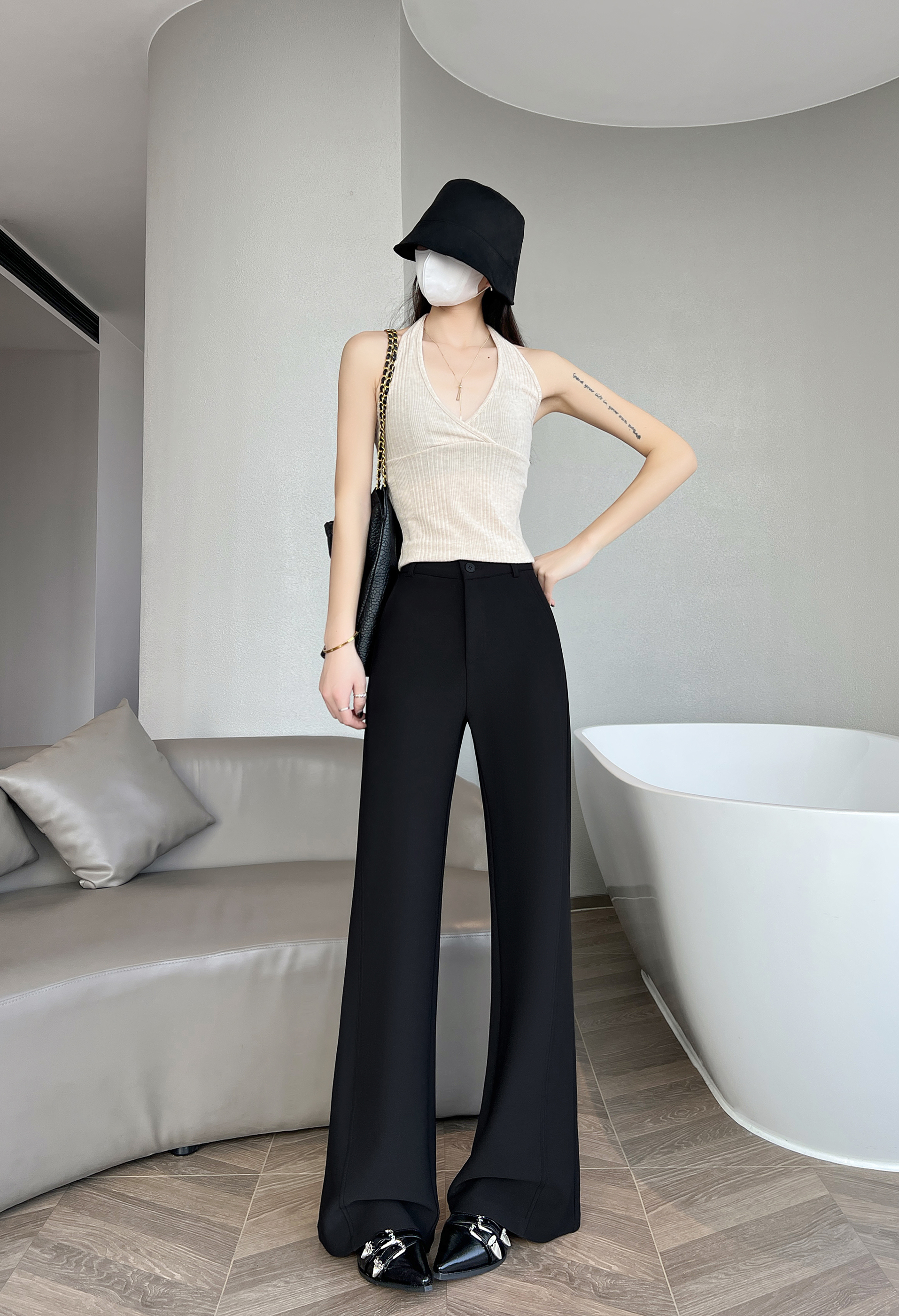 實拍黑色微喇褲女2026春夏高腰顯瘦超模褲修身彈力休閑褲西裝褲