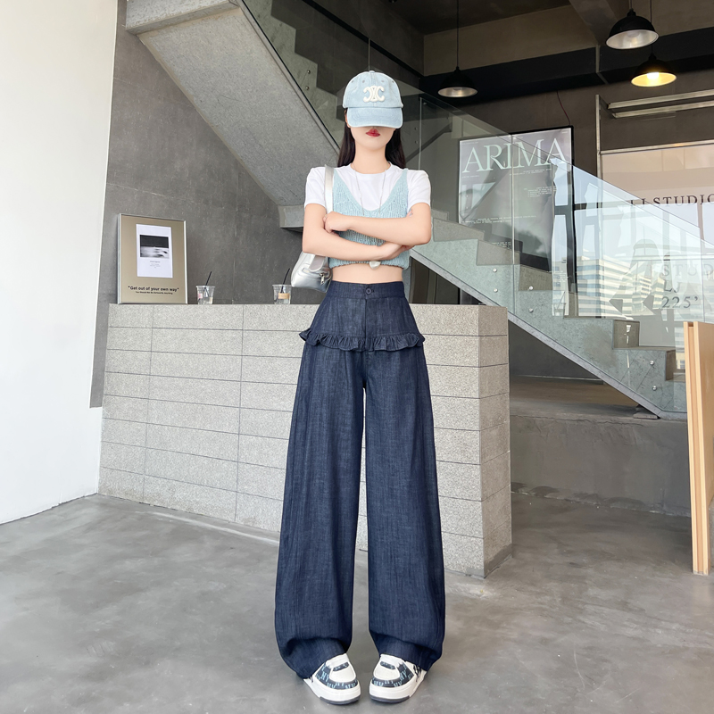實拍仿牛仔闊腿褲女2026春夏新款木耳邊設計寬松顯瘦休閑彎刀褲