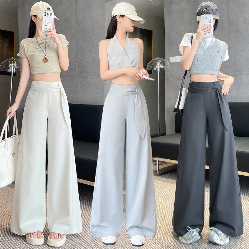 實拍飄帶設計簡約OL風女2026新款闊腿褲寬松親膚天絲棉顯瘦休閑褲