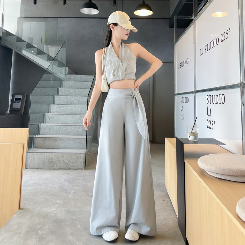 實拍飄帶設計簡約OL風女2026新款闊腿褲寬松親膚天絲棉顯瘦休閑褲