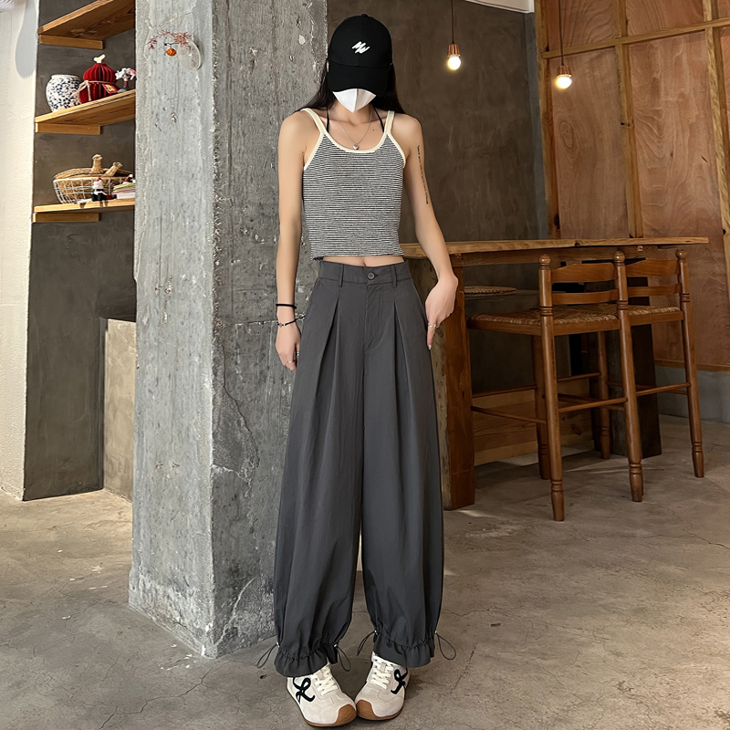 實拍速干工裝褲女2026夏季新款木耳邊休閑褲紙袋闊腿褲寬松慵懶風