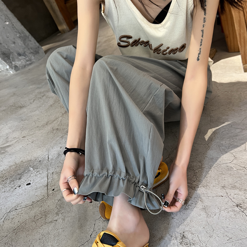 實拍速干工裝褲女2026夏季新款木耳邊休閑褲紙袋闊腿褲寬松慵懶風
