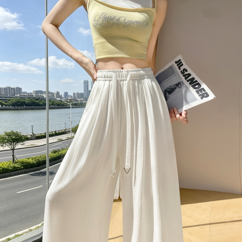 實拍白色冰絲亞麻闊腿褲女2026夏季新款寬松慵懶風輕薄透氣休閑褲