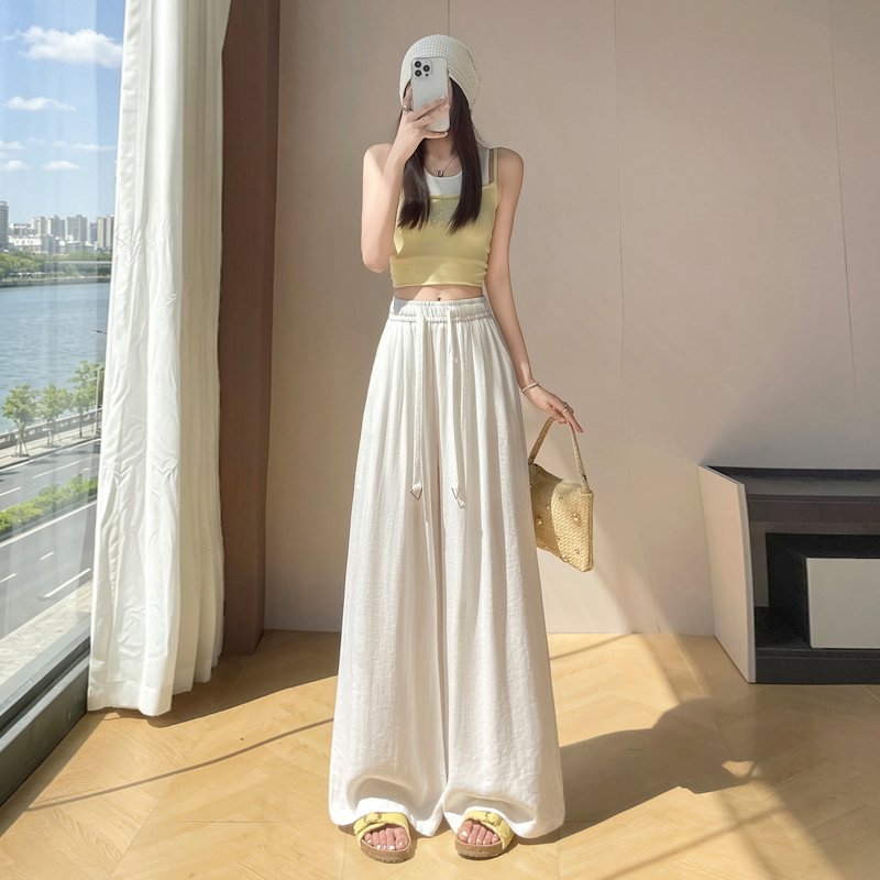 實拍白色冰絲亞麻闊腿褲女2026夏季新款寬松慵懶風輕薄透氣休閑褲