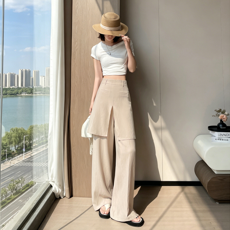 實拍假兩件屁簾休閑褲女2026夏季新款老錢風亞麻寬松顯瘦闊腿長褲