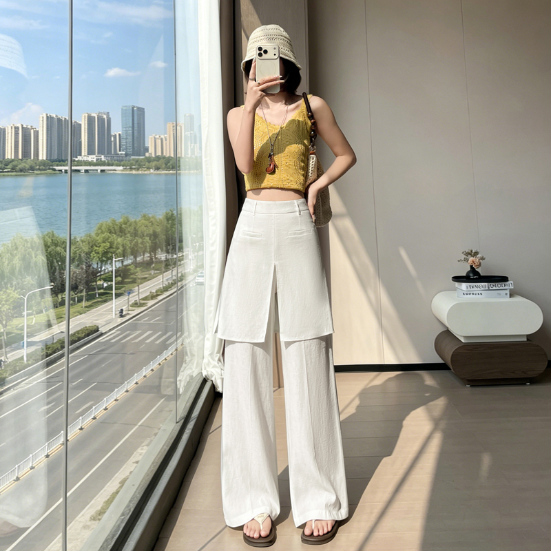實拍假兩件屁簾休閑褲女2026夏季新款老錢風亞麻寬松顯瘦闊腿長褲