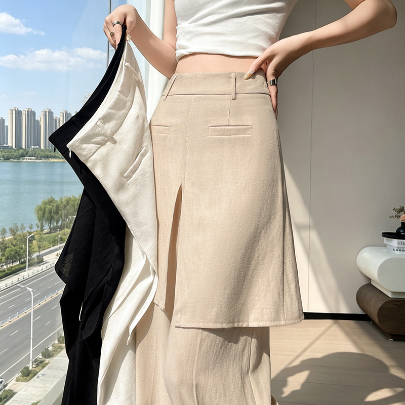 實拍假兩件屁簾休閑褲女2026夏季新款老錢風亞麻寬松顯瘦闊腿長褲