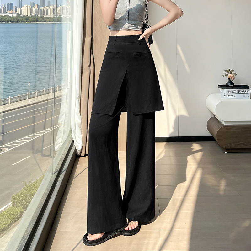 實拍假兩件屁簾休閑褲女2026夏季新款老錢風亞麻寬松顯瘦闊腿長褲