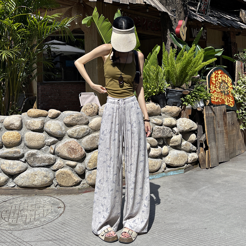 實拍馬年印花闊腿褲2026夏季新款冰絲涼感休閑褲女寬松顯瘦直筒褲