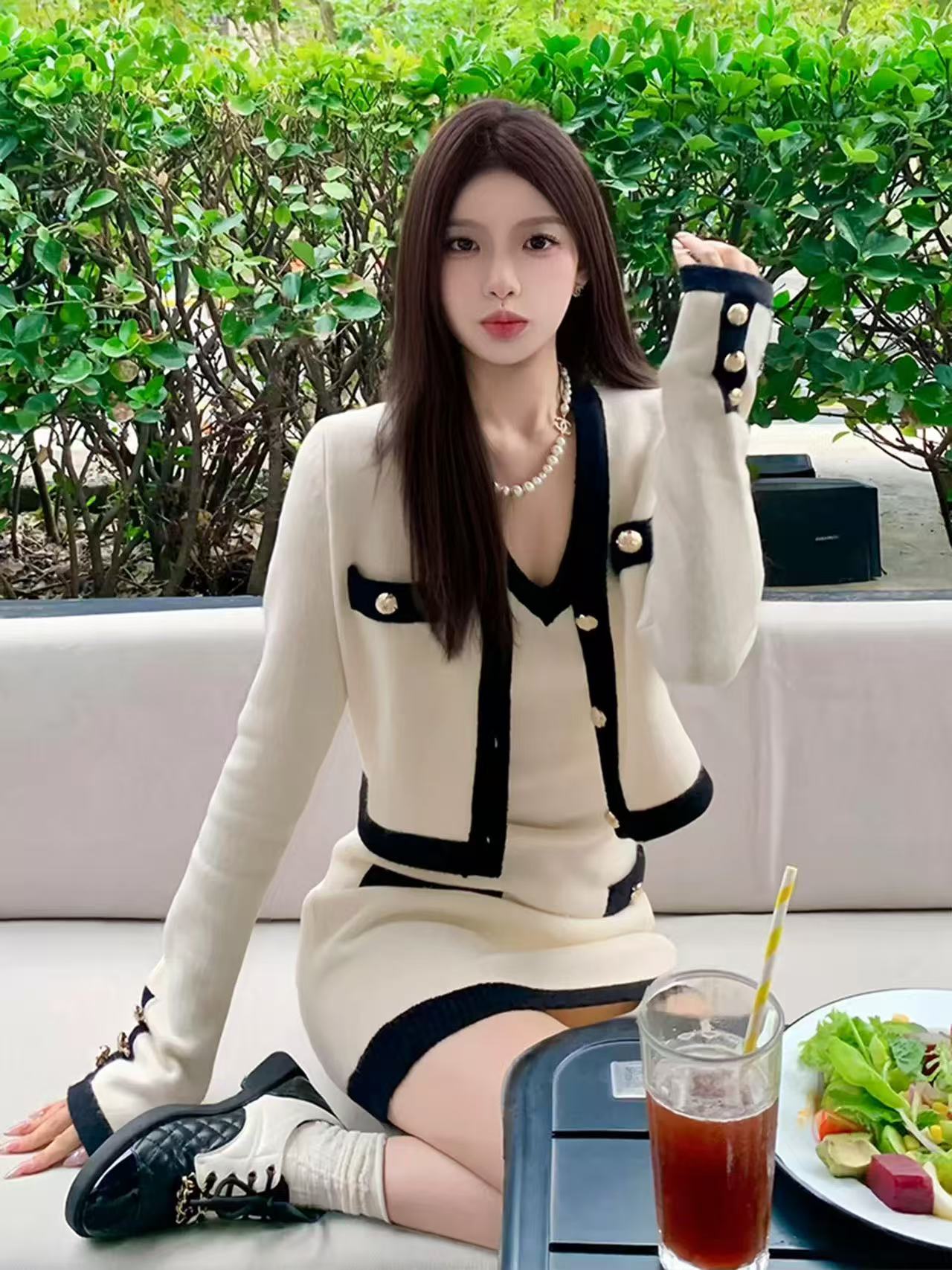 MY14637# 小香风针织开衫外套吊带连衣裙富家千金小洋装套装女裝貨源服...