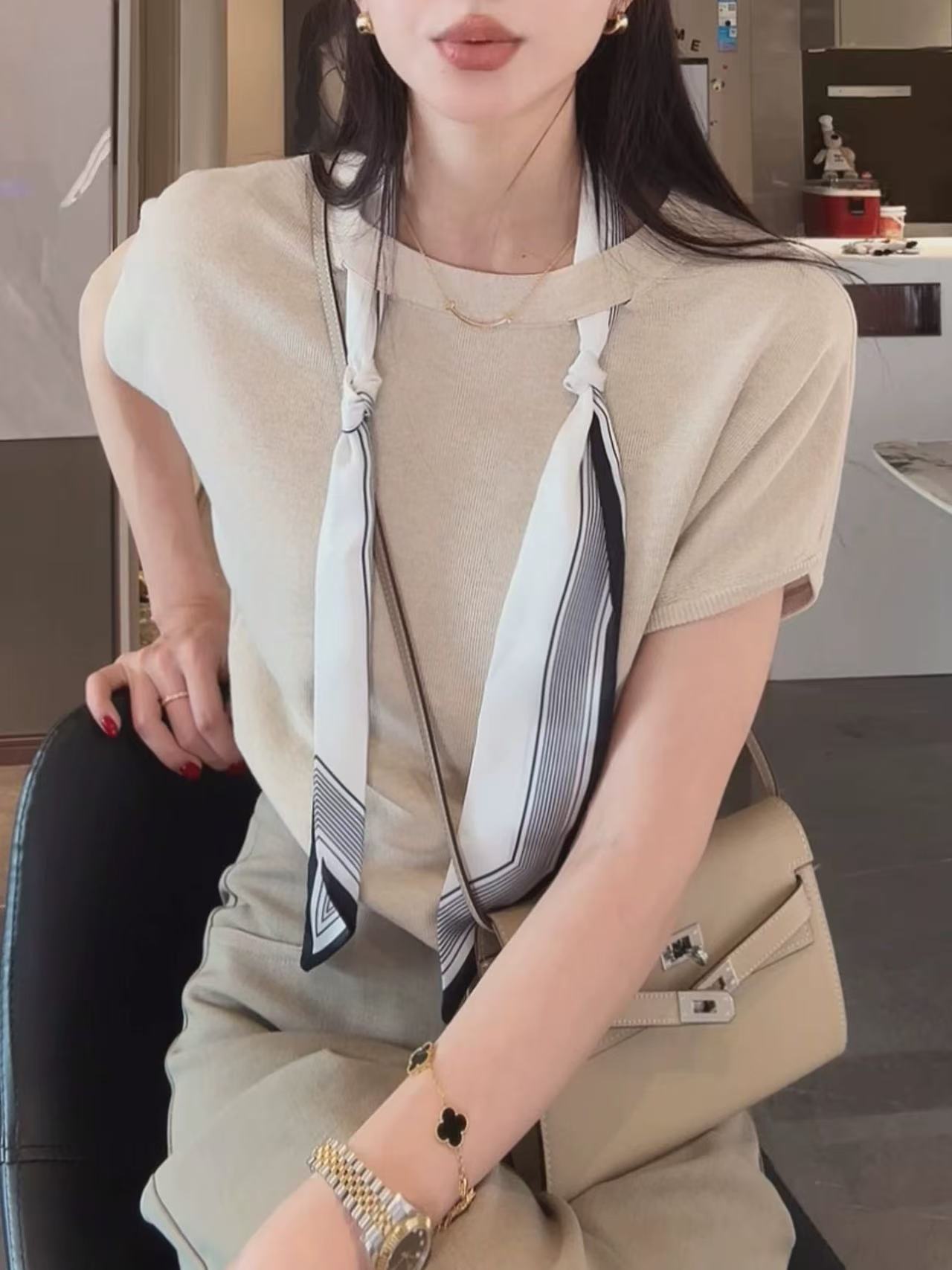 系帶絲巾搭配短袖針織衫女春夏季t恤2026年新款韓系顯瘦圓領上衣