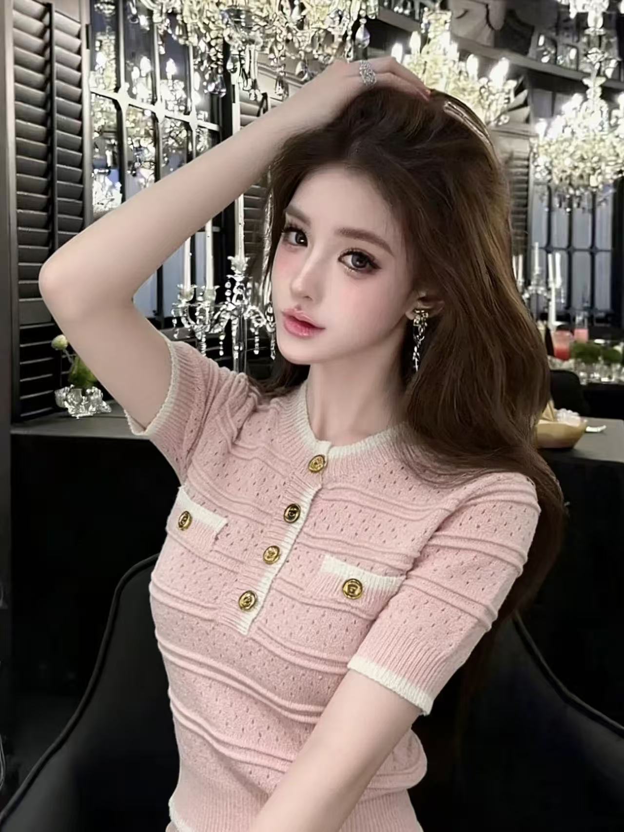 LYM STudio   法式小香風撞色圓領短袖針織衫女白色金扣氣質上衣