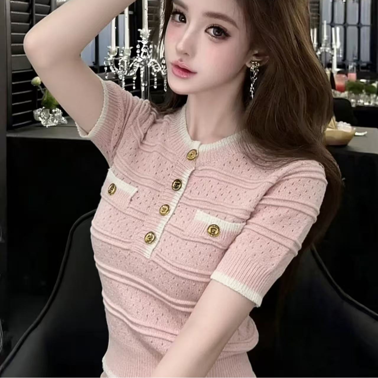 LYM STudio   法式小香風撞色圓領短袖針織衫女白色金扣氣質上衣