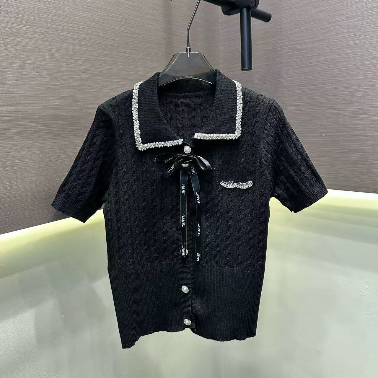LYM STudio  溫柔甜美風白色短袖T恤女鑲鉆翻領蝴蝶結高級感上衣