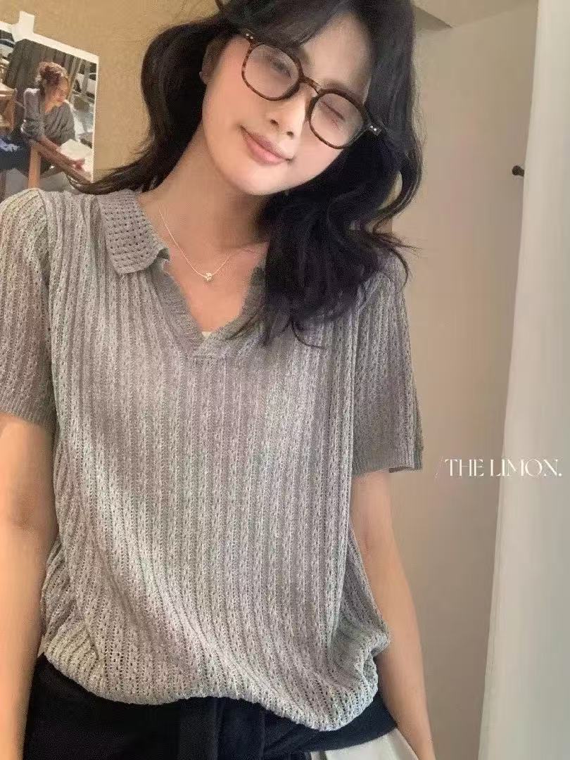 廣州十三行韓貨翻領短袖冰絲亞麻針織T恤衫薄款克萊因湖藍色上衣
