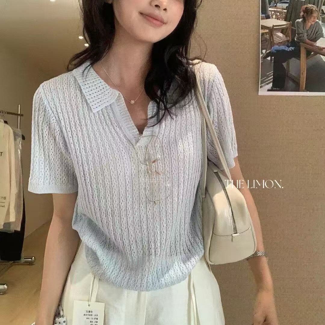 廣州十三行韓貨翻領短袖冰絲亞麻針織T恤衫薄款克萊因湖藍色上衣