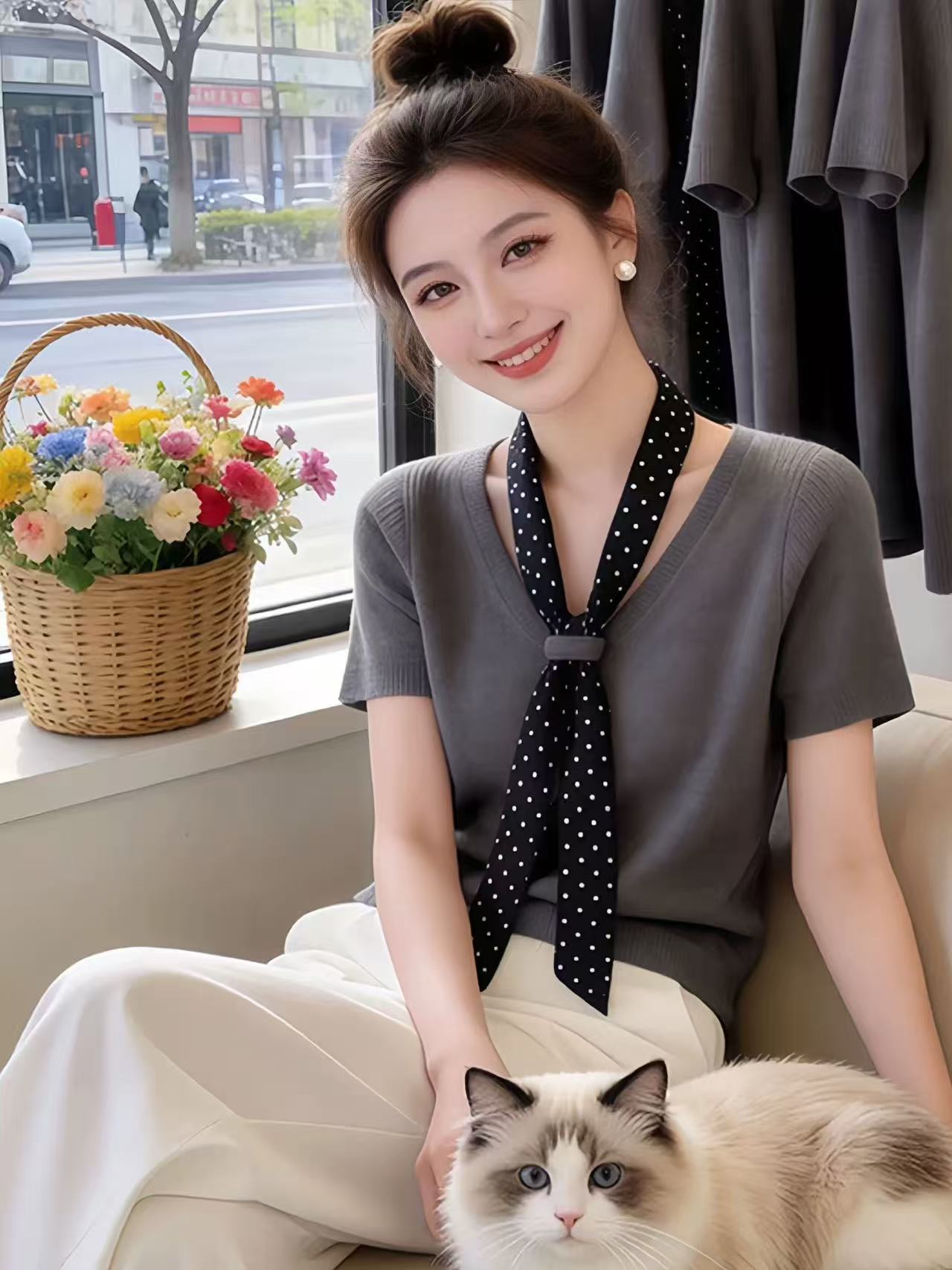 設計感絲巾飄帶灰色V領針織短袖T恤女2026夏季高級感寬松顯瘦上衣