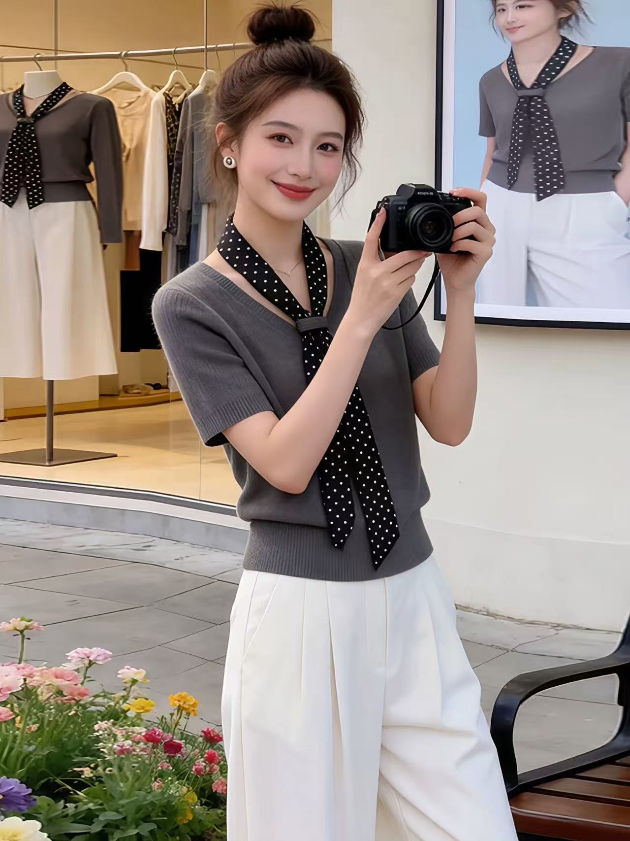 設計感絲巾飄帶灰色V領針織短袖T恤女2026夏季高級感寬松顯瘦上衣