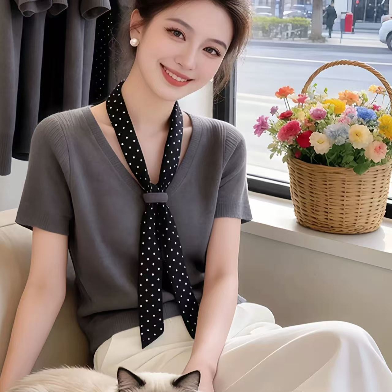 設計感絲巾飄帶灰色V領針織短袖T恤女2026夏季高級感寬松顯瘦上衣