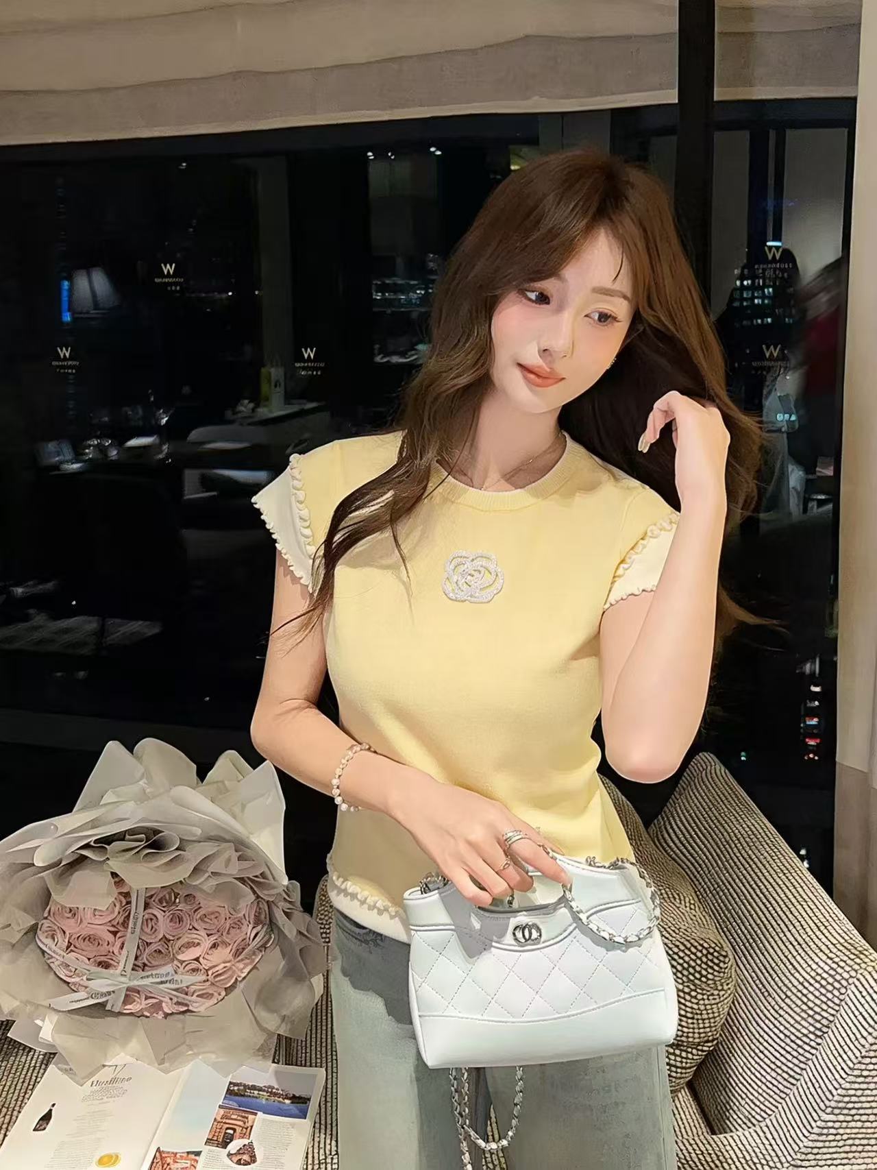 張心子山茶梔意法式甜美多巴胺撞色小飛袖針織衫女夏新款上衣
