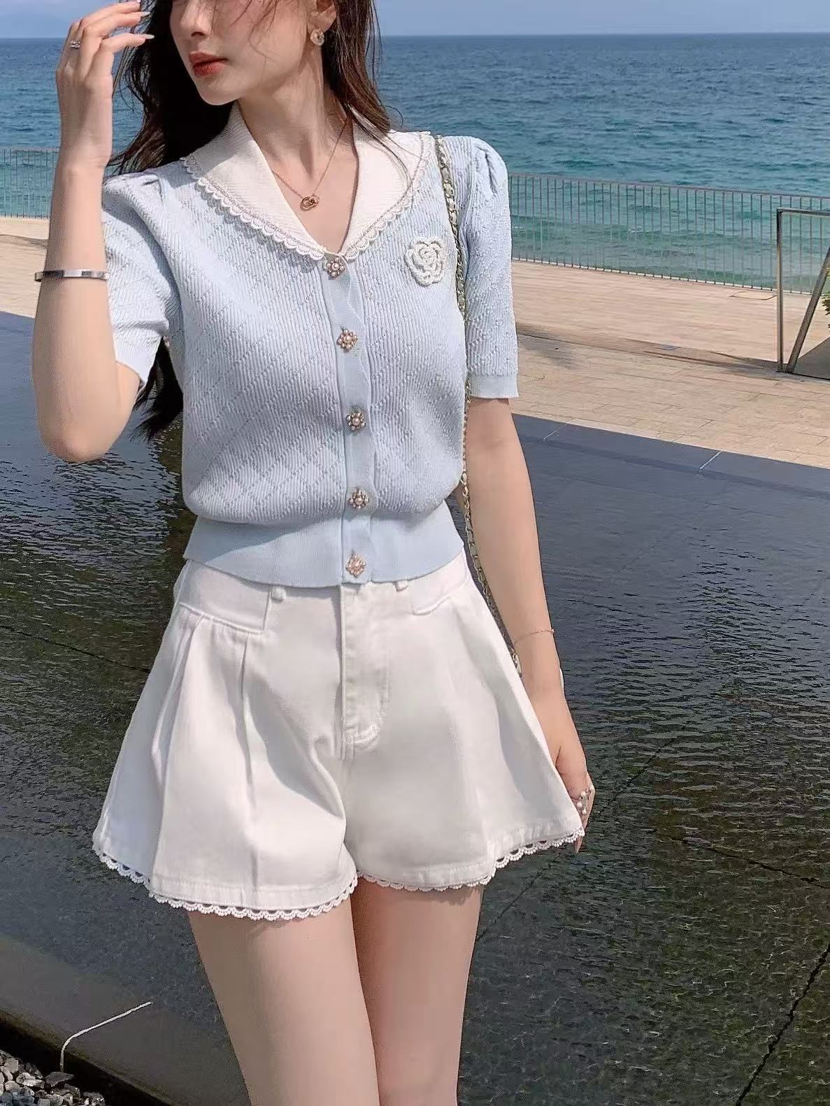 張心子南洋千金小香風針織衫女短袖夏季新款法式絕美漂亮上衣