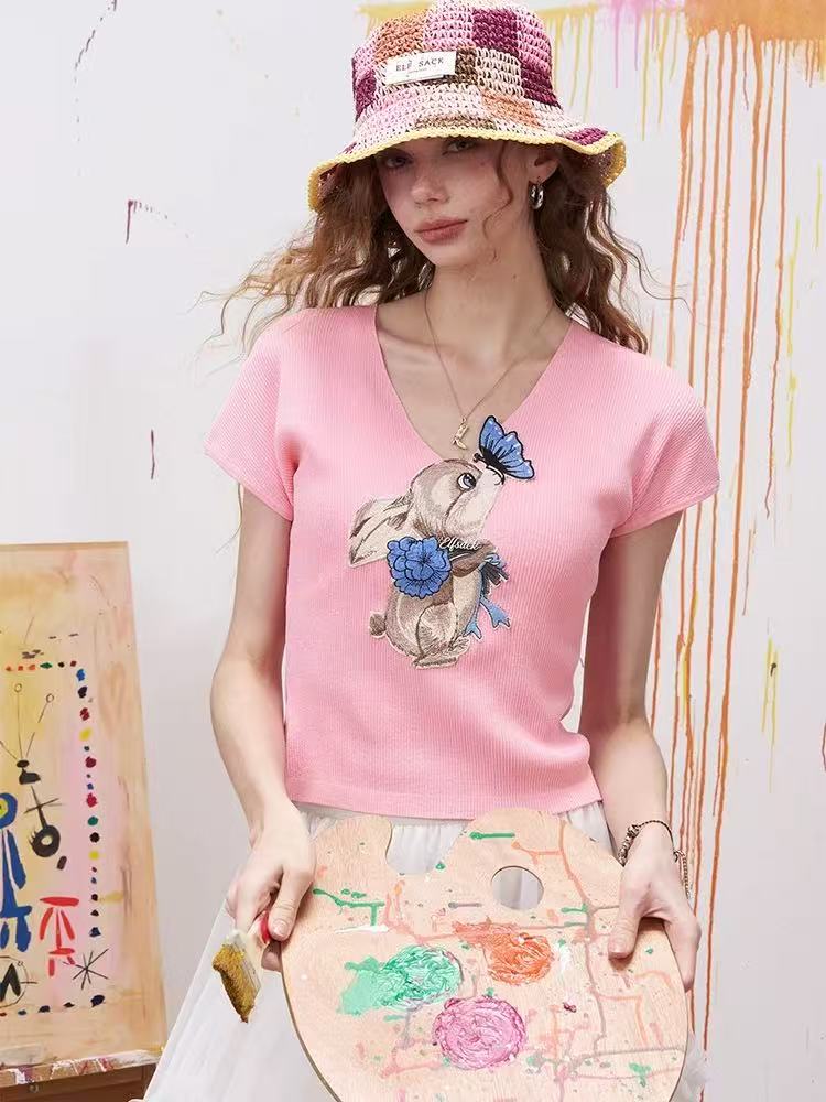 妖精的口袋時髦野心家貼布繡v領短袖針織衫女夏修身顯瘦上衣
