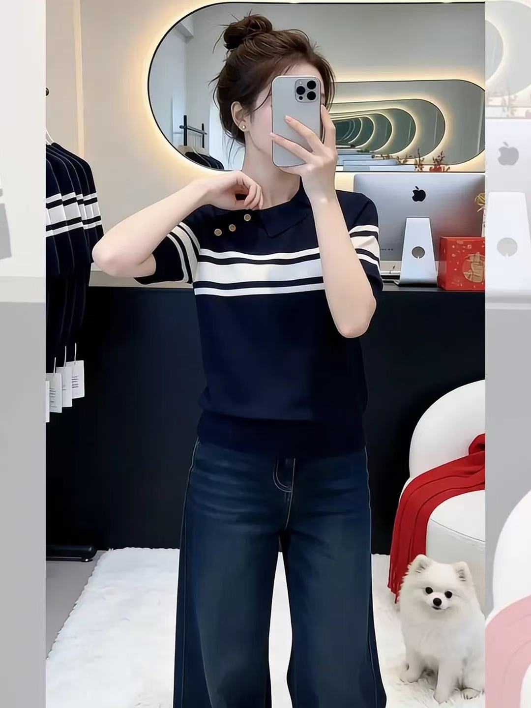 韓系條紋polo衫冰絲針織短袖正肩t恤女夏季巨好看獨特漂亮的上衣