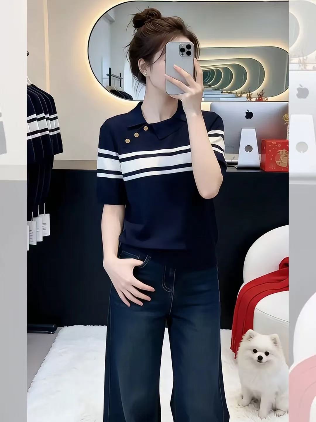 韓系條紋polo衫冰絲針織短袖正肩t恤女夏季巨好看獨特漂亮的上衣