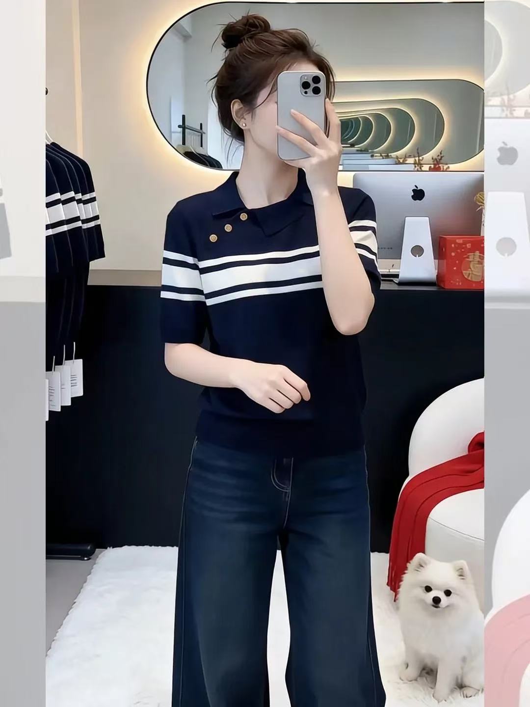 韓系條紋polo衫冰絲針織短袖正肩t恤女夏季巨好看獨特漂亮的上衣