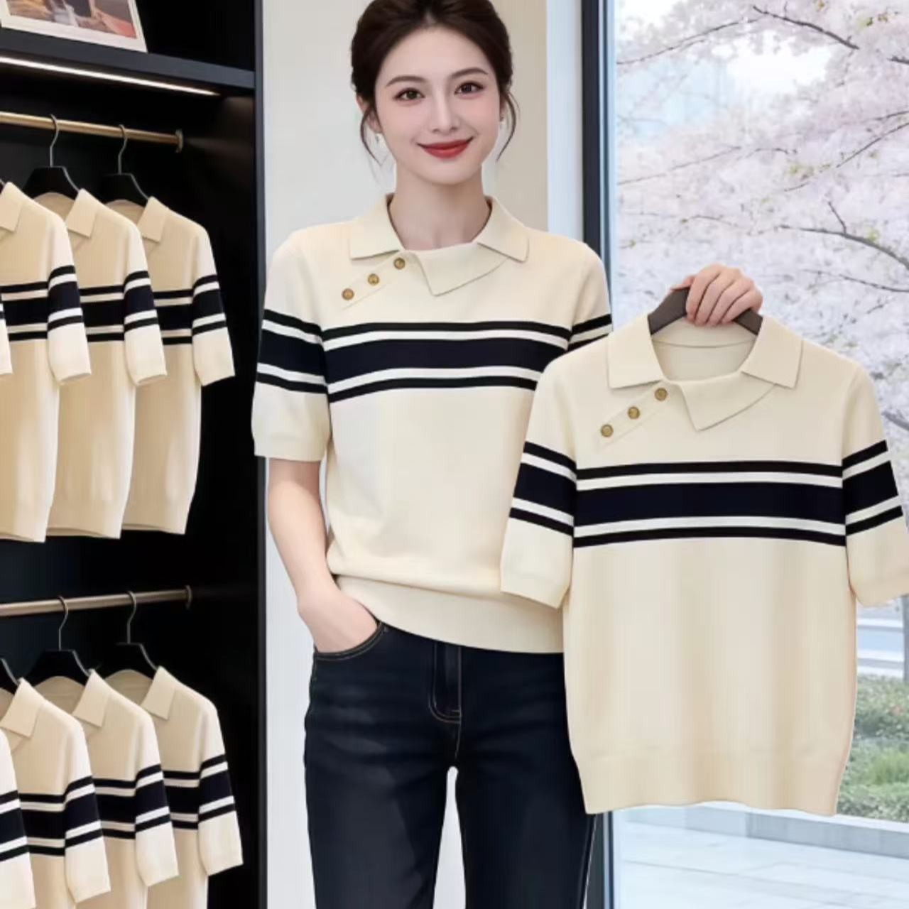 韓系條紋polo衫冰絲針織短袖正肩t恤女夏季巨好看獨特漂亮的上衣
