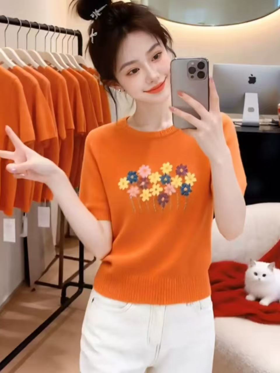 韓系橘色花朵刺繡圓領針織衫女款2026夏季新款巨好看短袖減齡上衣