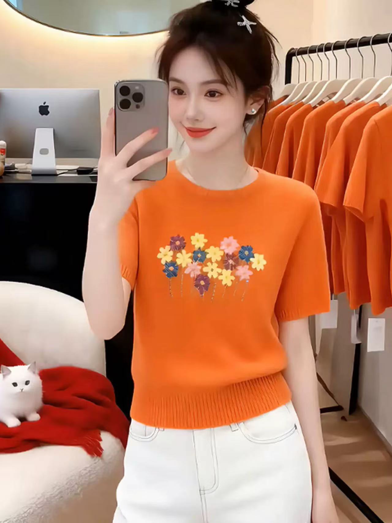 韓系橘色花朵刺繡圓領針織衫女款2026夏季新款巨好看短袖減齡上衣