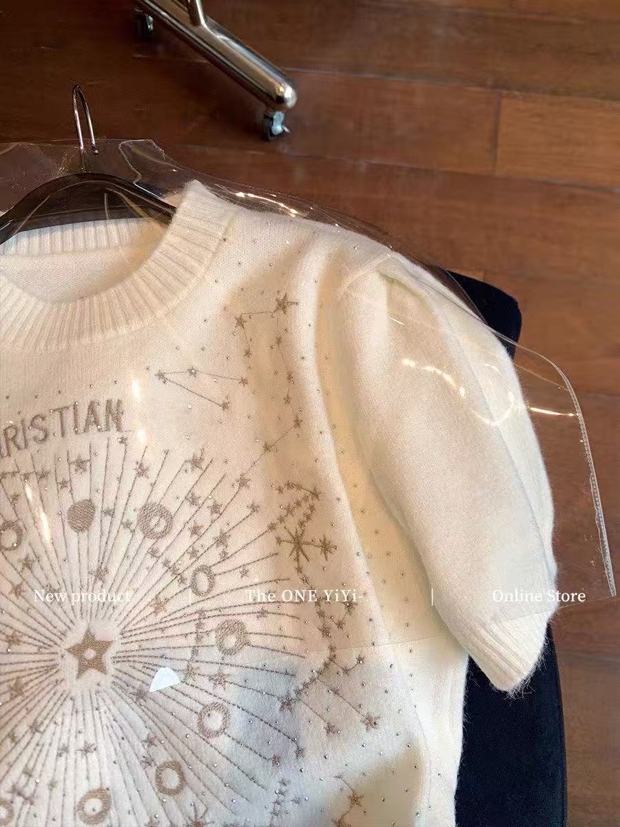 白色星星刺繡燙鉆小香風短袖毛衣女2026春夏新款輕奢氣質顯瘦上衣